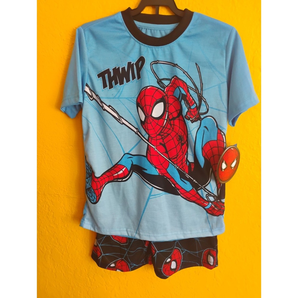 Marvel Spiderman Boys 10/12 Pajama Set Blue Red Black 2 Piece Shirt Shorts NWT